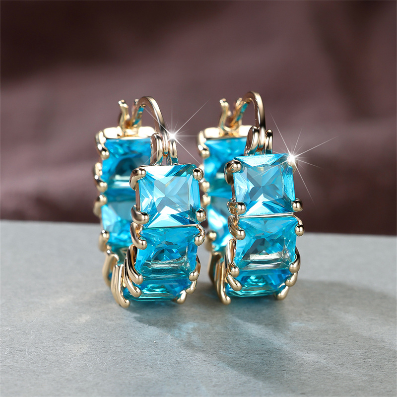 

1 Pair Boho Clip-on Earrings With Princess Cut Aqua Blue Synthetic Zirconia - Copper Ear Needle, Non-plated For All Seasons - Daily & Holiday Fashion, Valentine's Day Gift