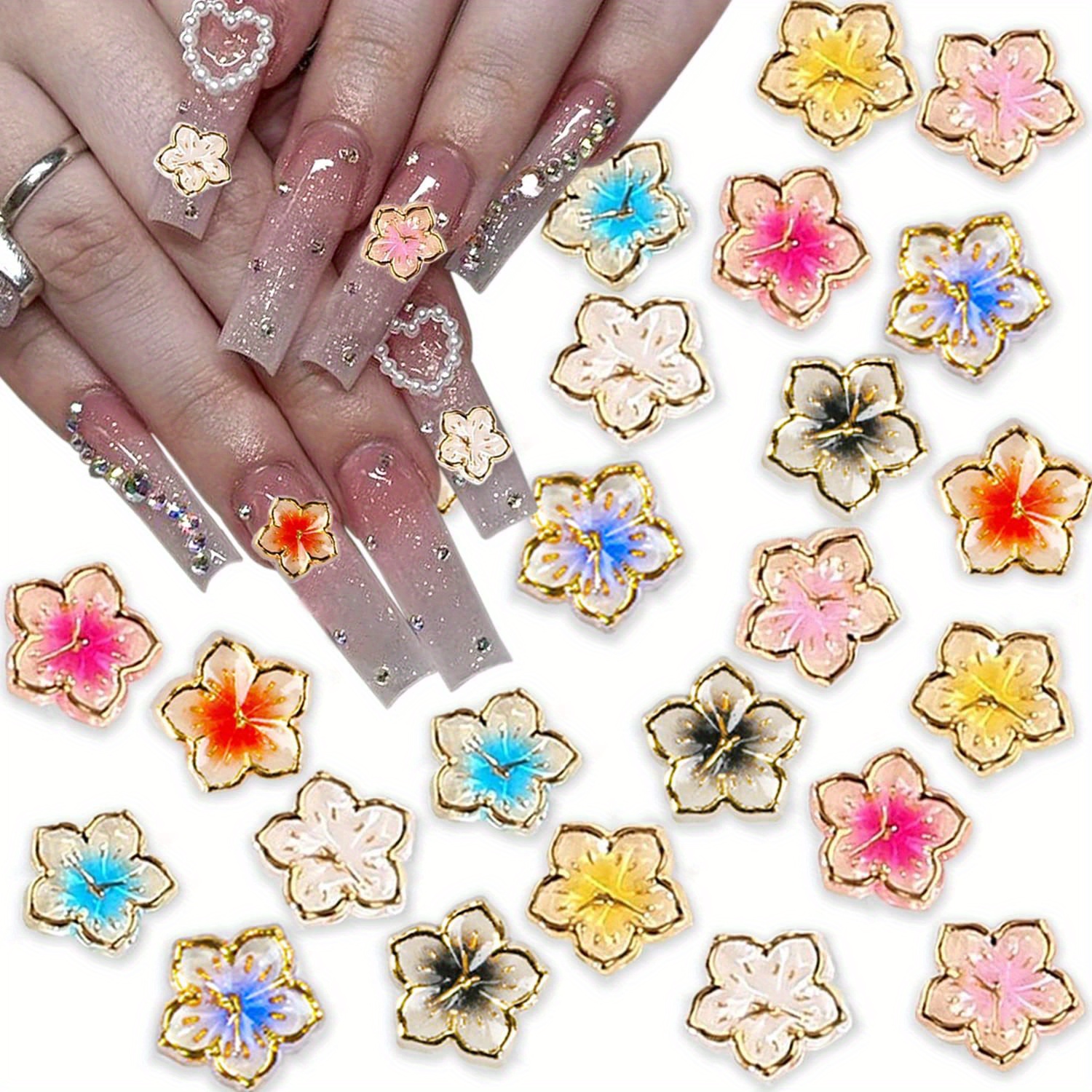 

100pcs 3d Flower Nail Charms Flower Nail Decals Nail Charms Golden Edge Flower Resin For Nails Mixed Colorful Flower Petals Charms Spring Nail Art Supplies For Women Girls Manicure Decorations