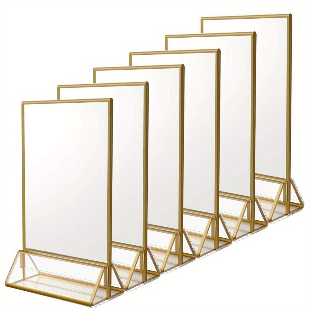TEMU Set Of 6 Clear Acrylic Sign Holders Measuring 4 X 6 Inches, Featuring Golden Borders And A Vertical Stand. Double-sided Table Menu Holders Are