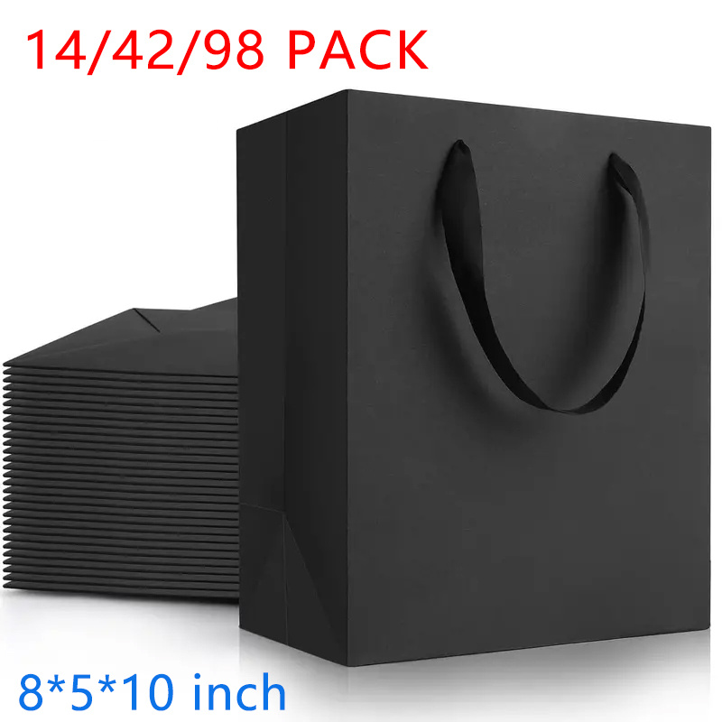 

14/42/98pack Black Paper Gift Bags With Ribbon Handles - Reusable Elegant Rectangle Shopping & Wedding Favor Bags, 8x5x10 Inches Medium Bulk Gifts Bags For Birthday Wedding Party Shopping And