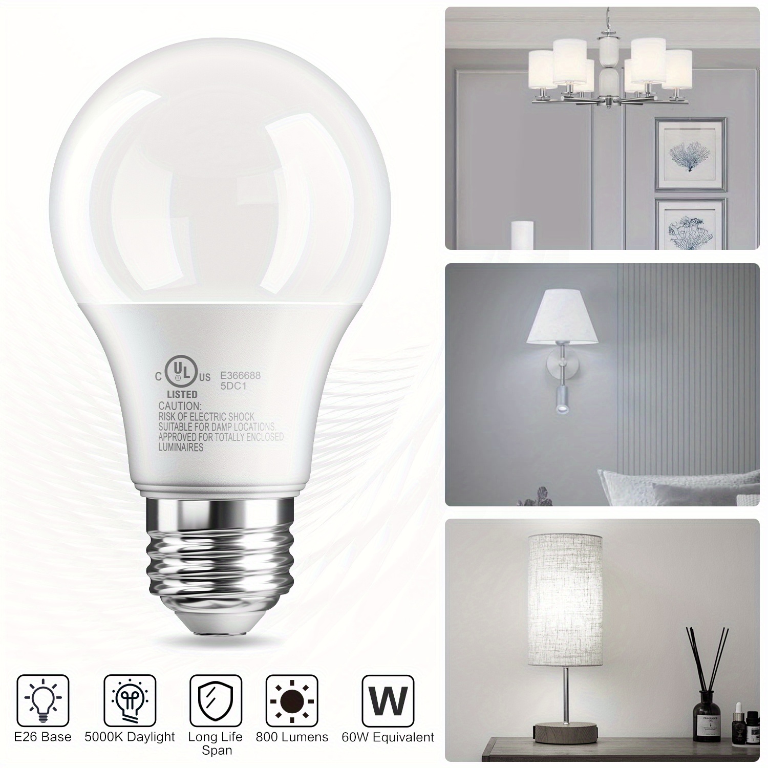 

A19 Led Bulbs, E26 Base, 5000k , Non-dimmable, 9w (60w ), 800 Lm, 80+ Cri, 15000 Hours, Bedroom, Living Room, Home Office, Home Lighting Decorative Bulbs, 12/ 24/ 36 Pack