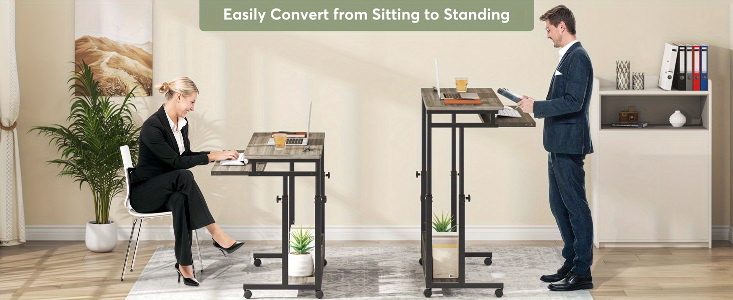 Height Adjustable Mobile Laptop Table Small Standing Desk Rolling Computer Cart with Keyboard Tray on Wheels for Home Office, Portable Desk for Sofa and Bed,