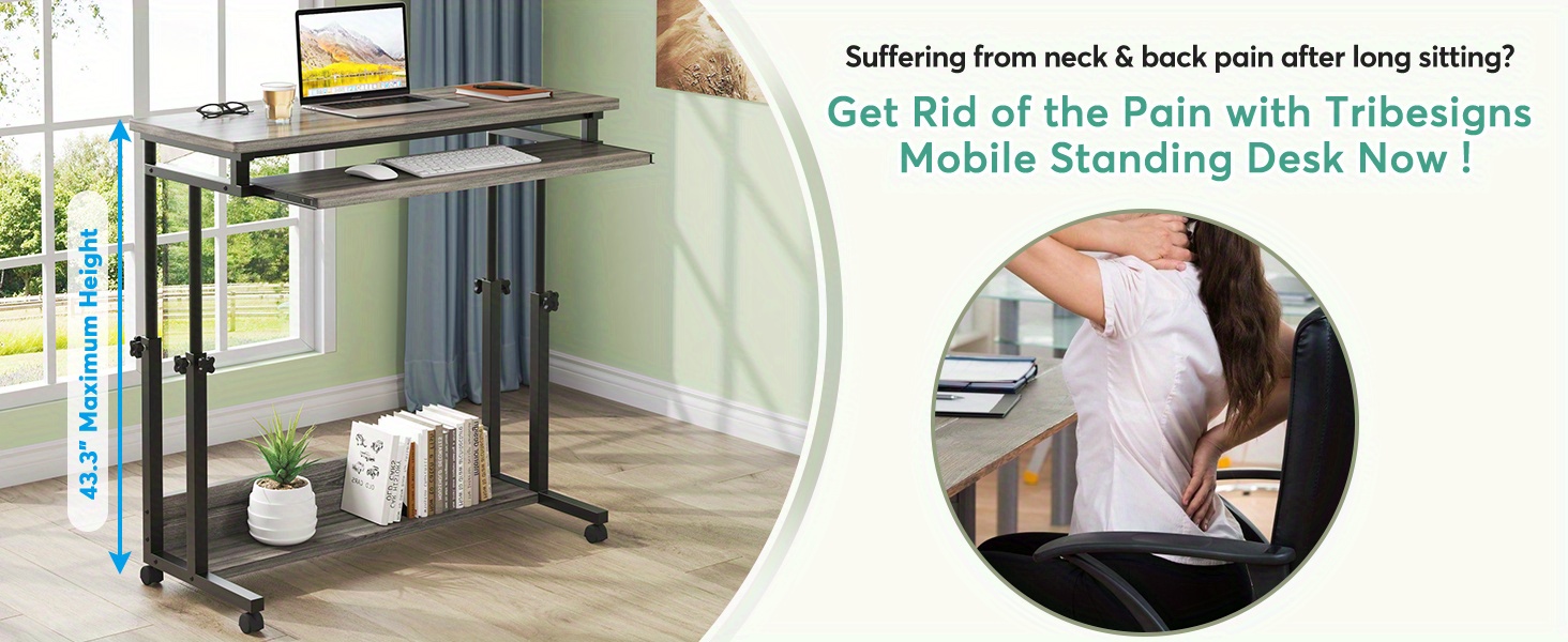 Height Adjustable Mobile Laptop Table Small Standing Desk Rolling Computer Cart with Keyboard Tray on Wheels for Home Office, Portable Desk for Sofa and Bed,