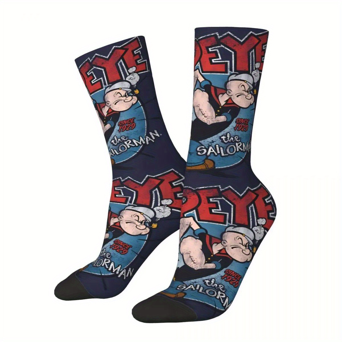 

1 Pair Of Men's "the Sailor" 3d Printed Crew Socks - Polyester With Elastane, Fit, Vibrant Cartoon Design, Breathable & Lightweight For Casual Attire, Cute Socks