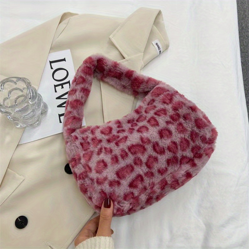 Image of Chic Leopard Print Fluffy Handbag For Wo - Y2k Style Lightweight Plush & Shoulder Purse With Zip Closure, Perfect For Valentine's Day