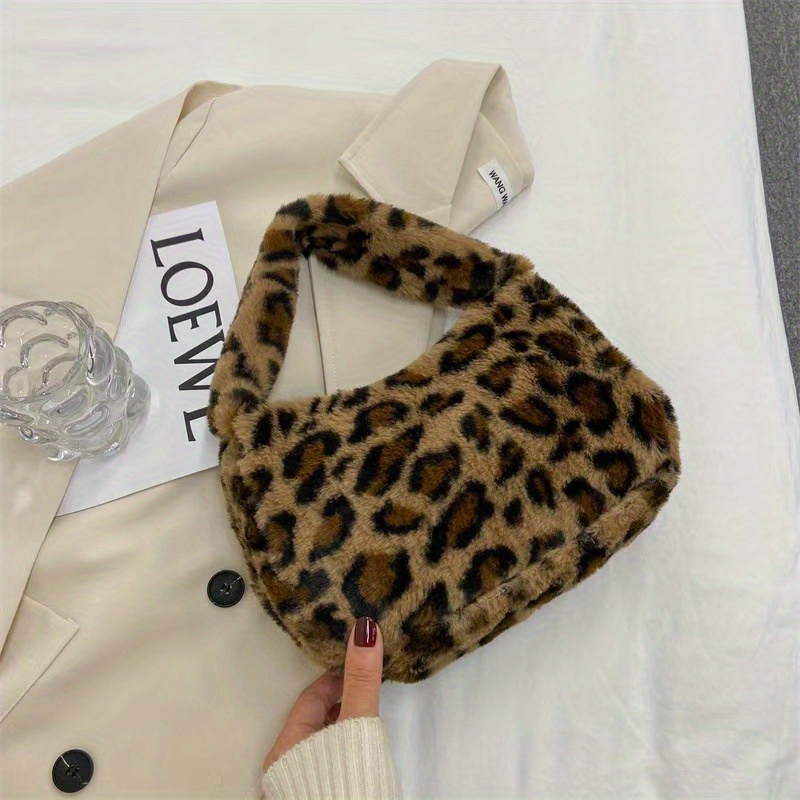 Chic Leopard Print Fluffy Handbag For Wo - Y2k Style Lightweight Plush & Shoulder Purse With Zip Closure, Perfect For Valentine's Day