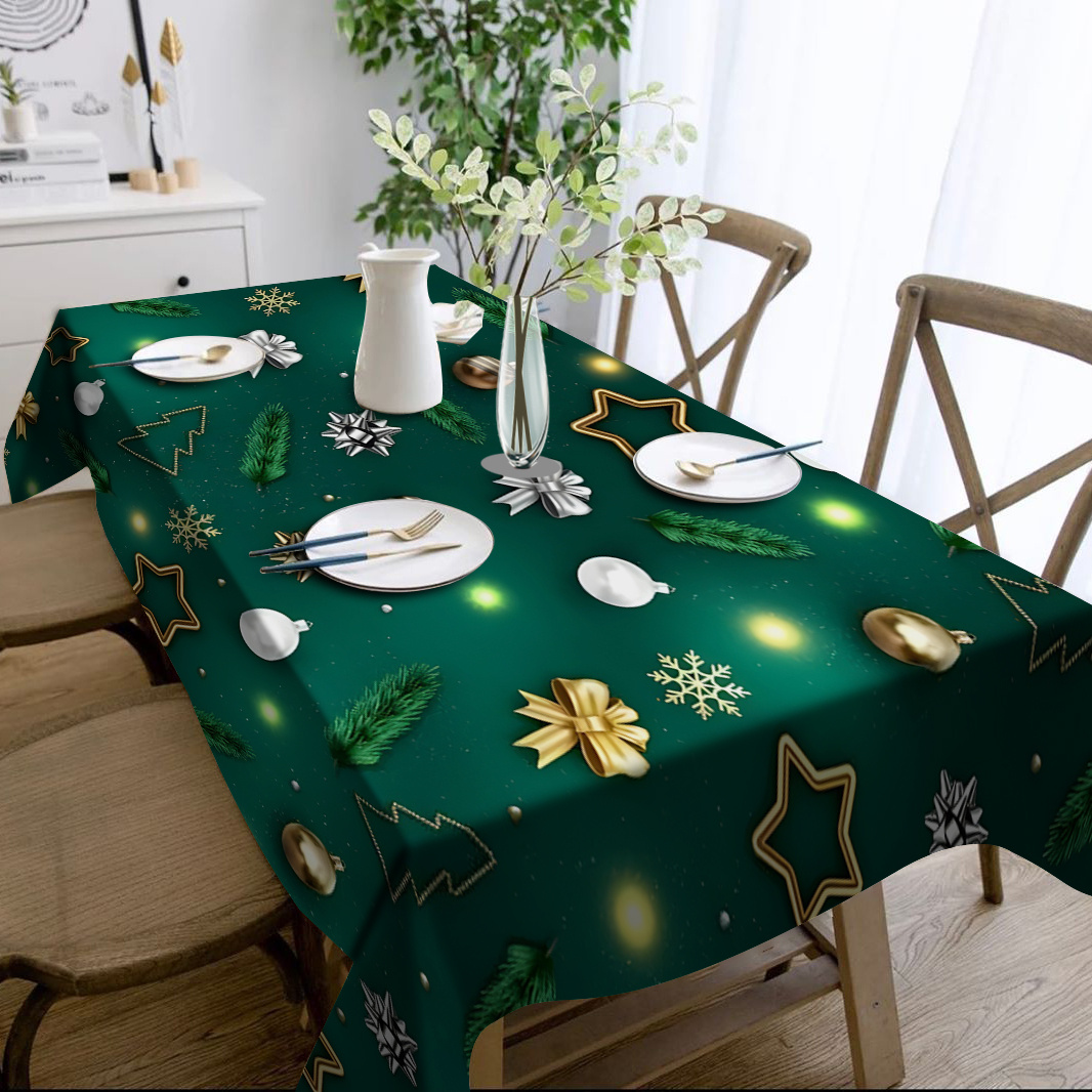 

Festive Christmas Theme Printed Tablecloth - 1pc Woven Polyester Table Cover, Machine Made, Stain & Wrinkle Resistant, Reusable Holiday Party Rectangle Table Decor