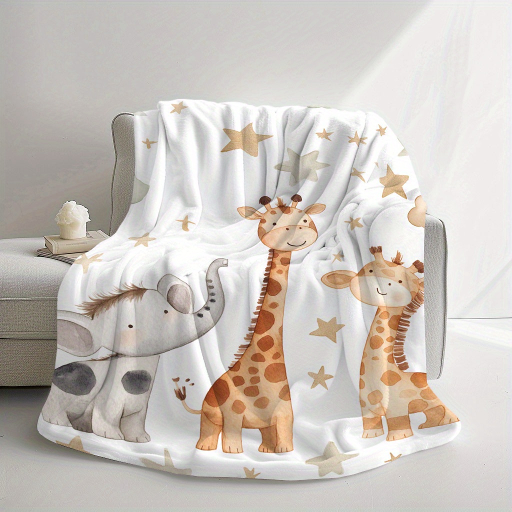 

1pc Yuzhiyu Cozy Flannel Blanket With Adorable Elephant, Giraffe & Star Prints - Soft, Warm & Gift , Family, And - Ideal For , Camping, Travel, Office & Home Decor