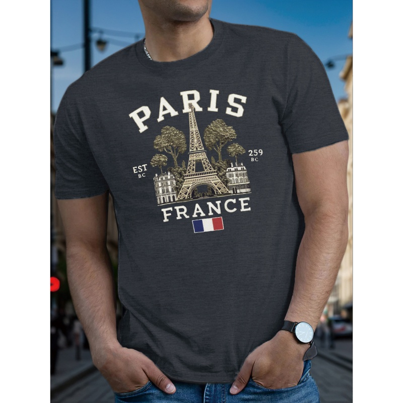 

T-shirt pour homme avec motif de Eiffel à Paris, 100% polyester, col rond, manches courtes, tissu tricoté décontracté pour l'été avec motif géométrique, coupe standard - 150gsm