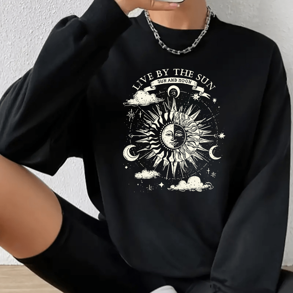 

Women's Casual Geometric Sun Print Sweatshirt - Polyester Knit Fabric, Round Neck, Long Sleeve, Pullover For Adults