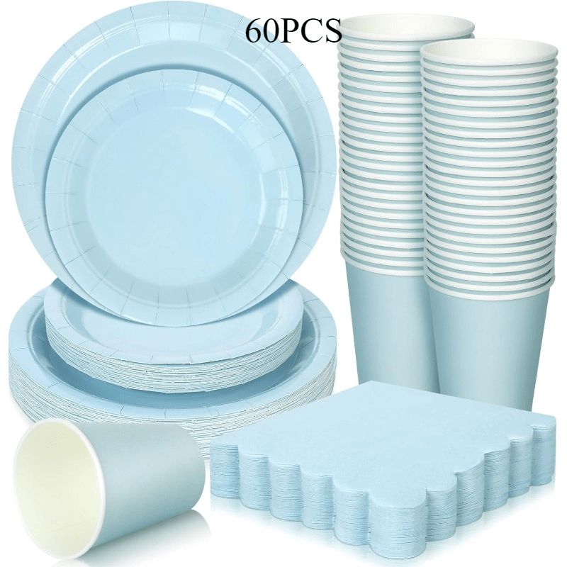 Image of 60pcs Blue Party Tableware Set - Disposable Plates, Napkins & Cups For Weddings, Birthdays, Picnics & More - Versatile Celebration Supplies