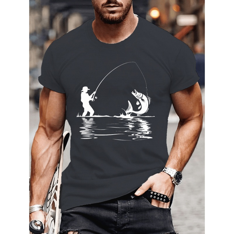 

Men's Casual Fishing Scene Print T-shirt - Breathable Polyester, Short Sleeve, Round Neck - Summer