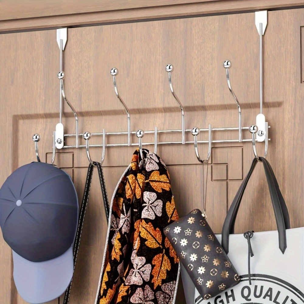 

A Single Piece Of Door Hook Door Hanger With 9 Coat Hooks For Organizing Coats, Towels, Hats, Robes In The Bedroom, Closet, And Bathroom, In A Silvery Color.