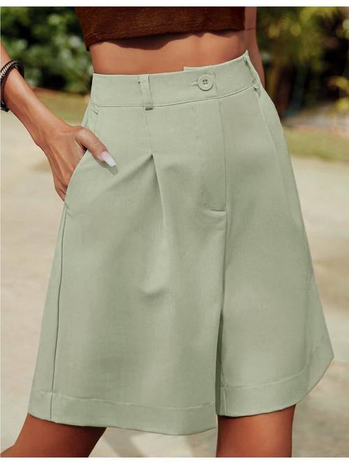 solid button high waist shorts casual pleated slant pockets skinny shorts for spring summer womens clothing