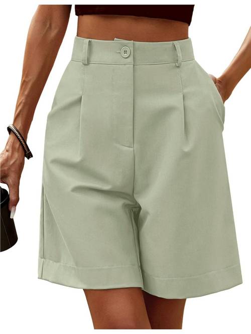 solid button high waist shorts casual pleated slant pockets skinny shorts for spring summer womens clothing