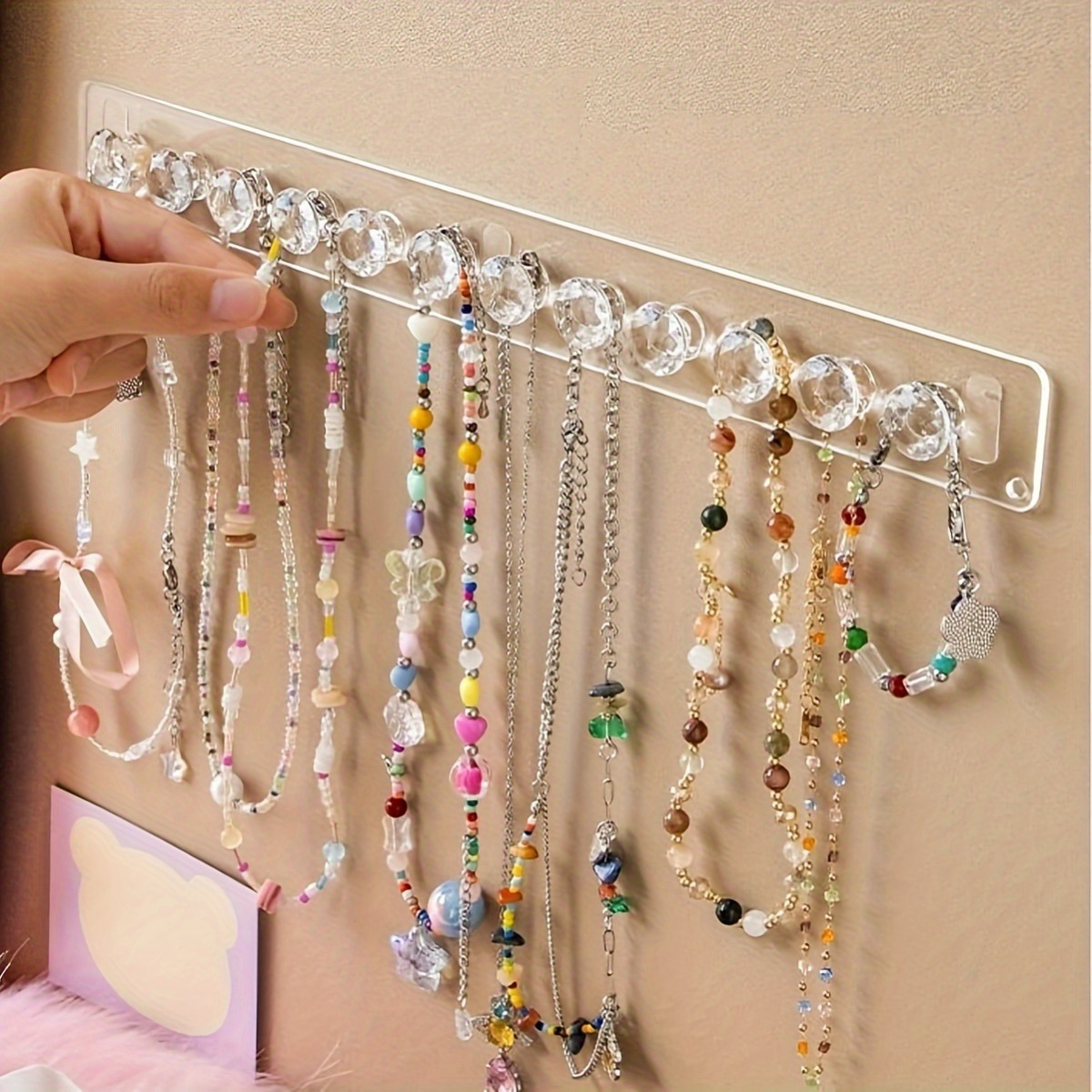 

1pc Jewelry Organizer, -mounted Necklace 12 Diamond , Plastic Rectangular For Women And , Hanging Jewelry Organizers