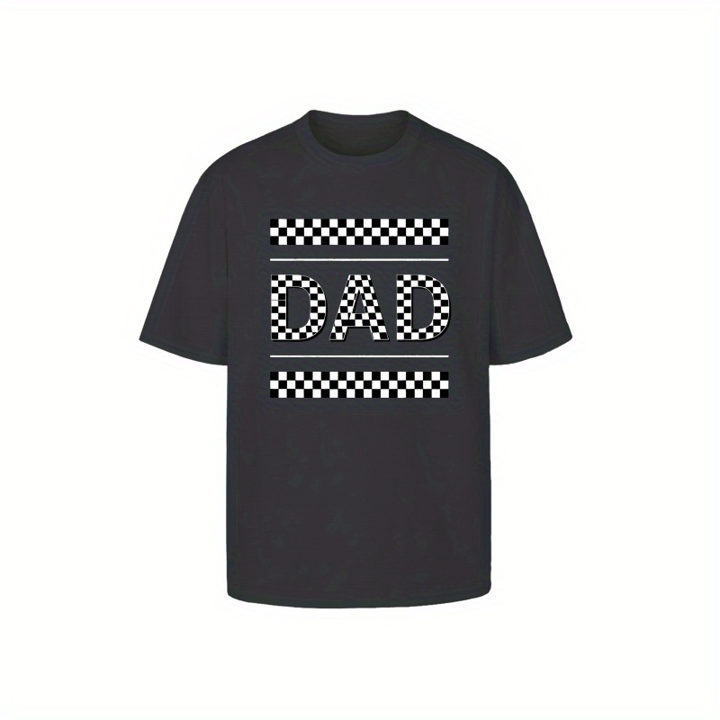 

Men's Casual Crew Neck T-shirt With Checkered Dad Illustration - Polyester Knit Fabric, Geometric Pattern, Slight Stretch, Regular Fit Short Sleeve Tee For Summer