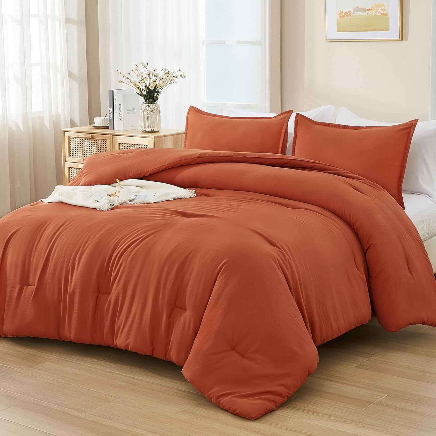 

3pcs (1 Comforter & 2 Pillowcases) Terracotta Bed In A Bag Bedding Comforter Sets, Summer Solid Soft Lightweight Burnt Orange Comforter Set