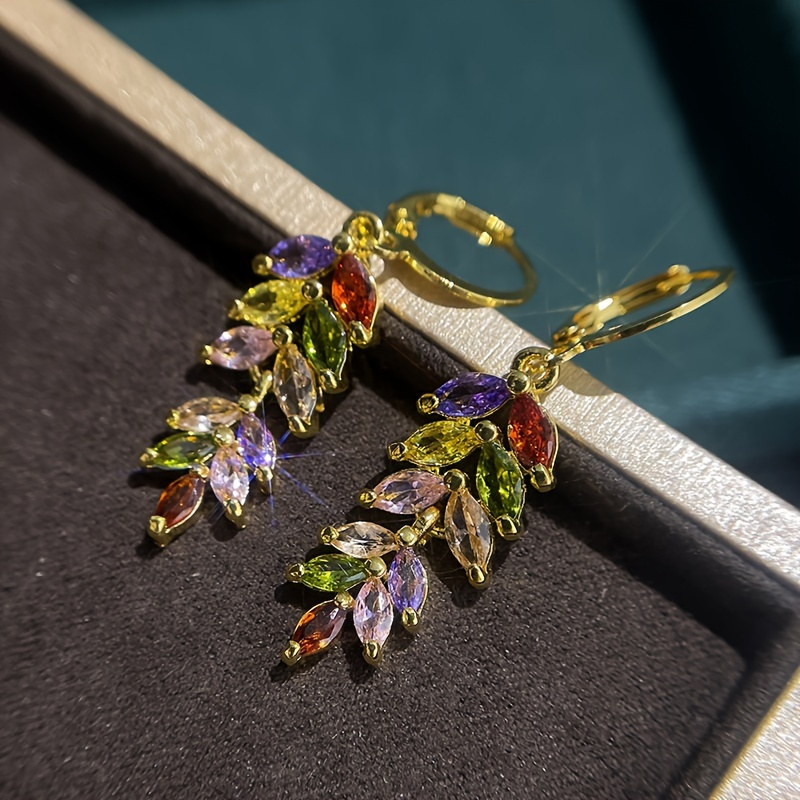 TEMU Exquisite Leaf Design Colorful Zirconia Dangle Earrings - Retro Bohemian Style Copper Jewelry For Daily Casual Wear