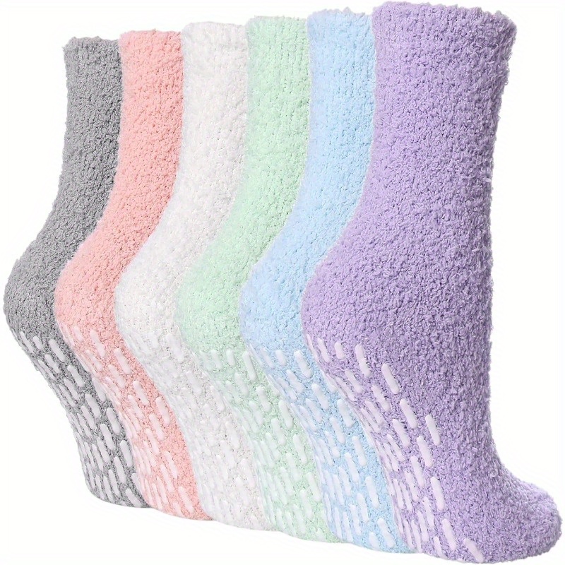 Image of 6 Pairs Non-slip Socks For Women Winter Warm Cozy Fuzzy Slipper Socks Soft Fluffy Socks