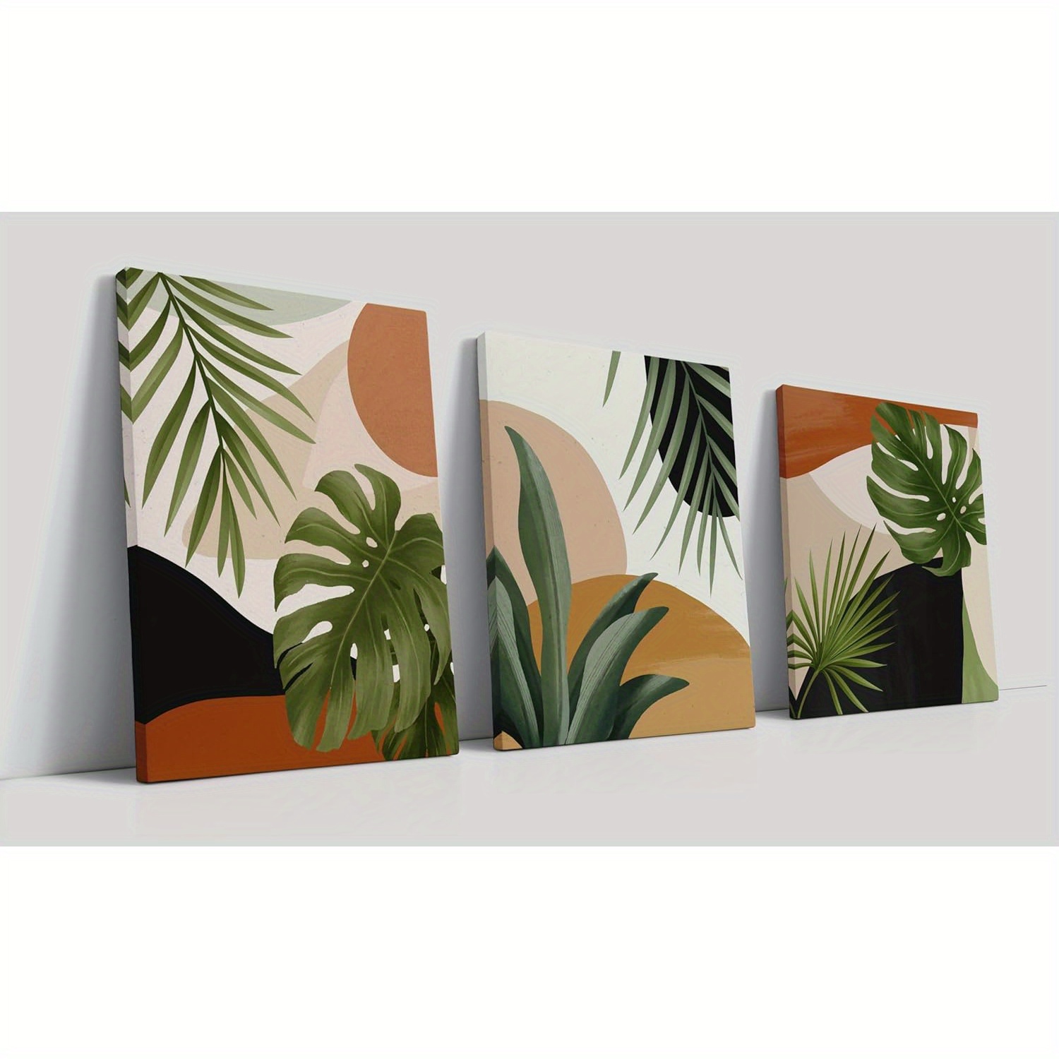 

Abstract Palm Leaves Mid Century Canvas Prints Wall Art, 15"x 23"set Of 3, Minimalist Geometric Decorations For Bedroom Bathroom Office