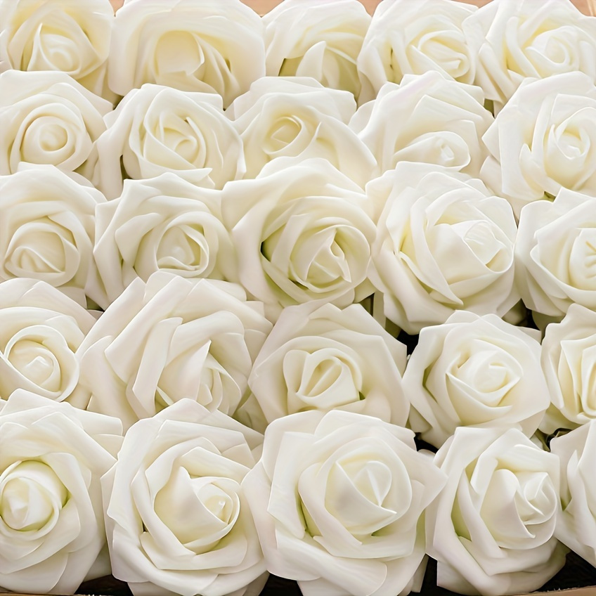 

50pcs Elegant White Artificial Roses With Stems - Diy Wedding, Bridal Shower Bouquets & Centerpieces