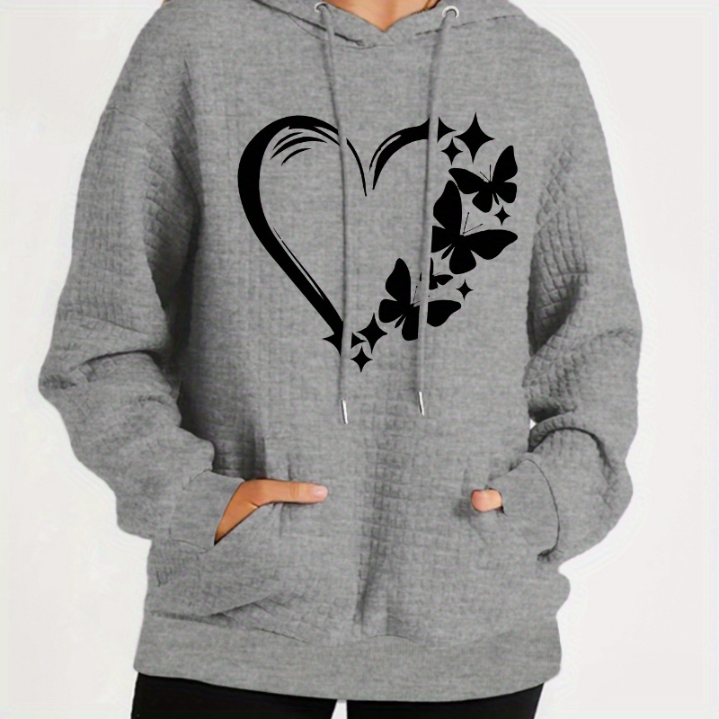 

Plus Size Women's Casual Polyester Hoodie With Heart Design, Knit Fabric, Slight Stretch Pullover Sweatshirt For Fall/winter