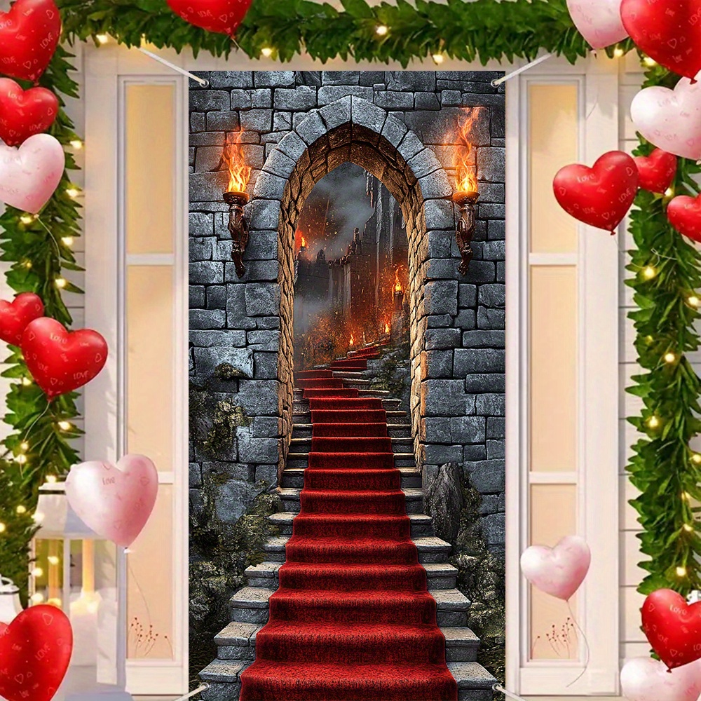 

1pc Polyester Castle Entrance Door Banner, 35.4" X 70.8" - Gothic Archway Decoration, Flame Torches Design, No Electricity Needed, Versatile Party Decor For Vampire Theme Events