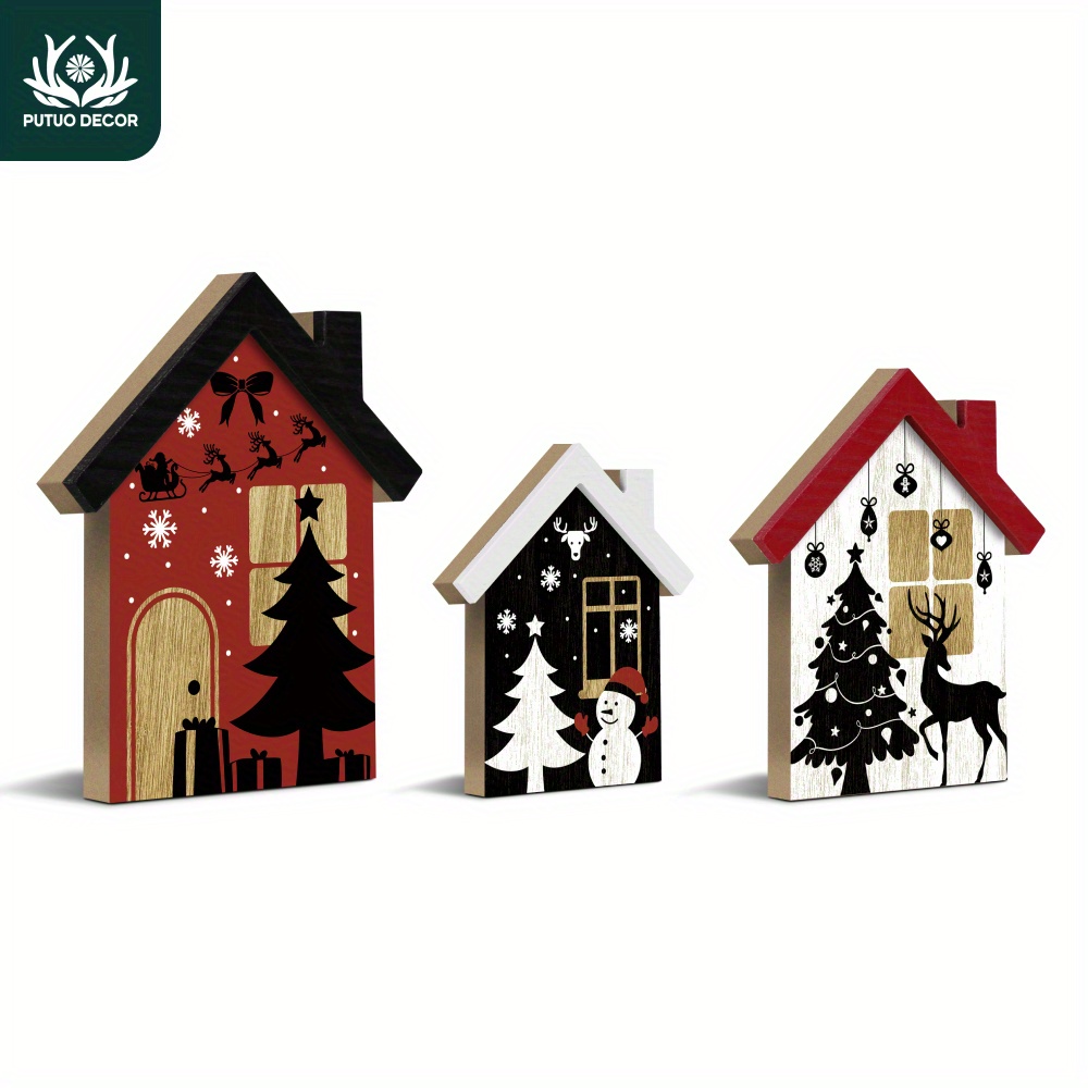 

3pcs Wooden Christmas Table Decor Set - House, Tree, Deer & Snowman Designs For Home, Farmhouse, Office, Cafe - Ideal Holiday Gift