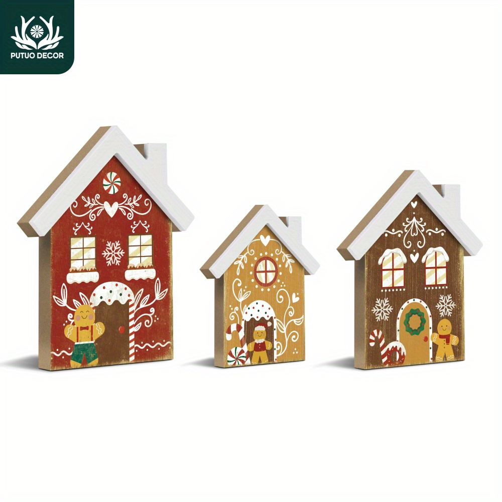 

Putuo Decor 3-piece Gingerbread House Wooden Table Centerpiece Set, Festive Farmhouse Decor For Christmas, Home Office Cafe Fireplace, Handcrafted Manufactured Wood, No Electricity Required