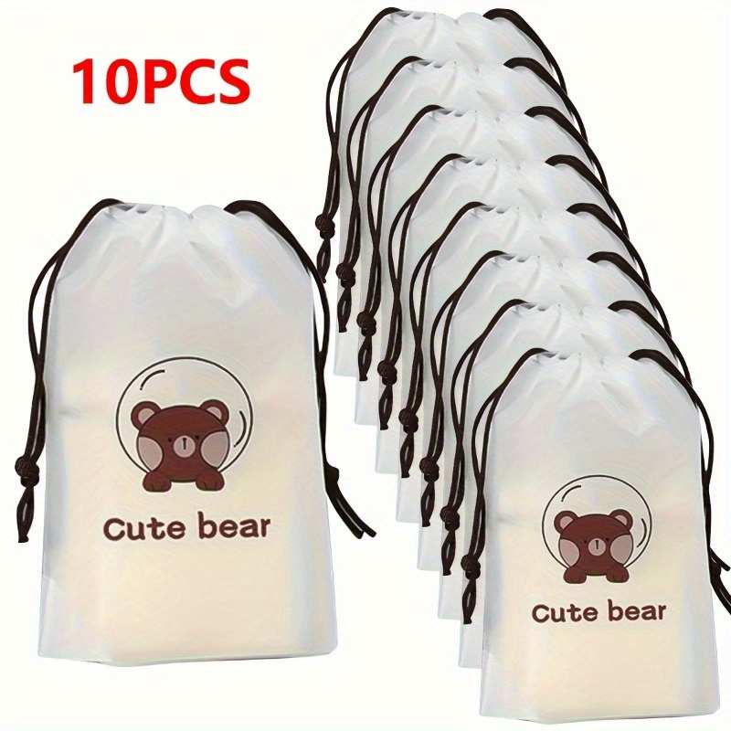 

10-piece Cute Bear-printed Travel Shoe Bags - Fashionable Plastic Dust And Water-resistant Drawstring Pouches For Packing & Storage, Washable With Positioning