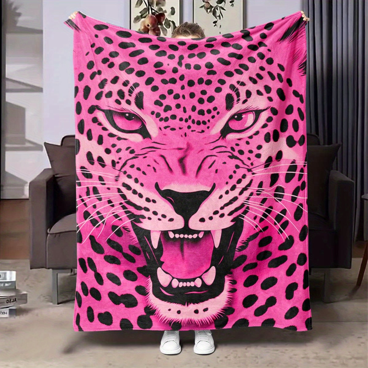 

Cozy Pink Leopard Print Blanket - Soft, Hd-printed Polyester Throw For Home, Office , Travel & Camping