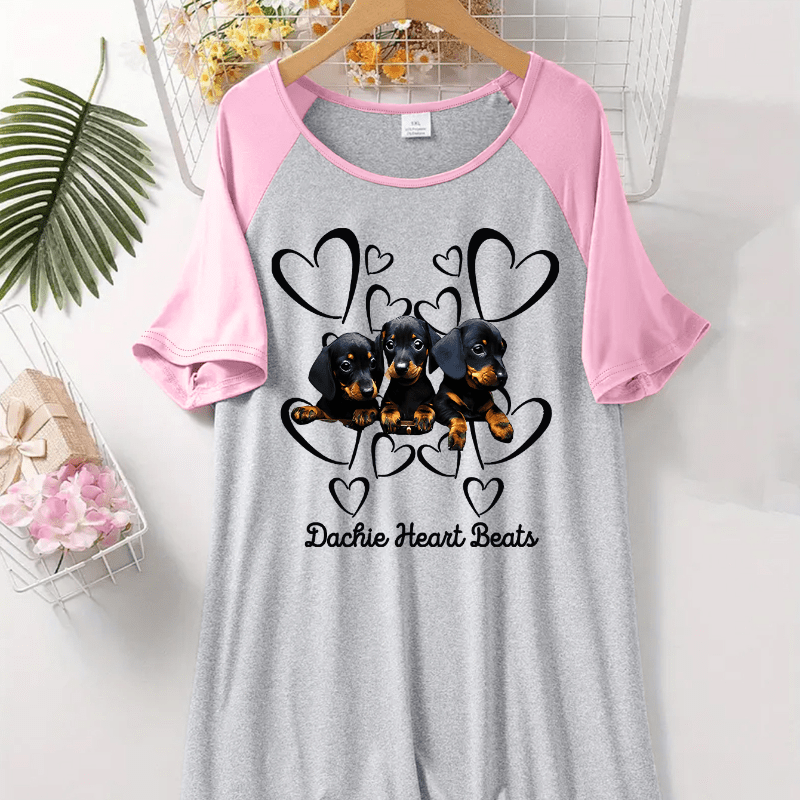 

Women's Dachshund Dog Print Raglan Sleeve Sleep Dress, Round Neck Short Sleeve Casual Women's Clothing