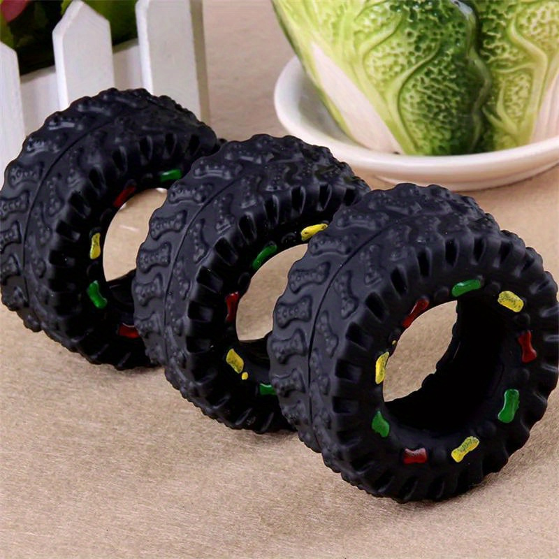 

Durable Squeaky Rubber Tire Toy For Small Dogs & Cats - Chew-resistant, Cartoon Patterned Pet Playtime Accessory, Black