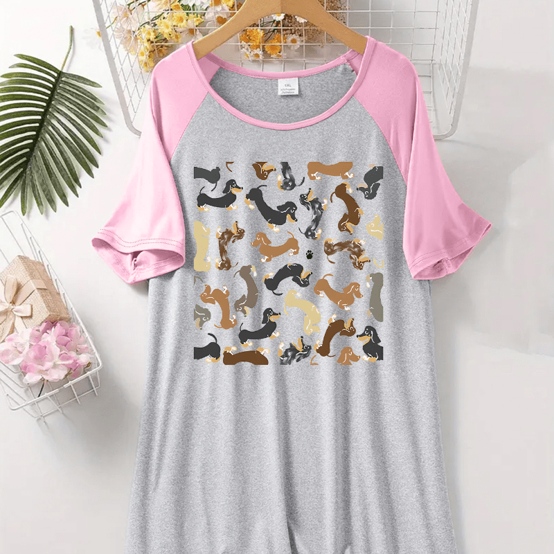 

Dog Print Shoulder Insert Sleep Dress Round Neck Short Sleeve Casual Women's Clothing E21