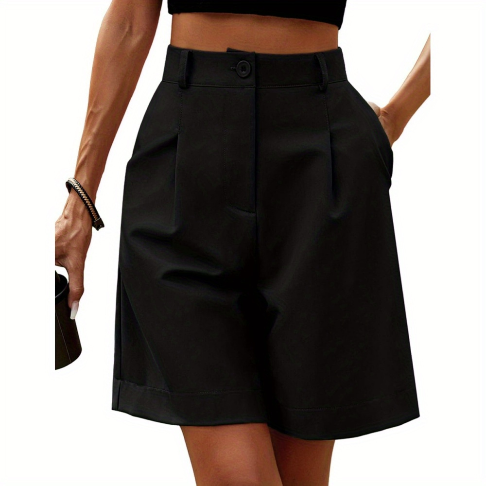 

Solid Slant Pockets High Waist Shorts, Casual Button Pleated Wide Leg Shorts For Spring & Summer, Women's Clothing