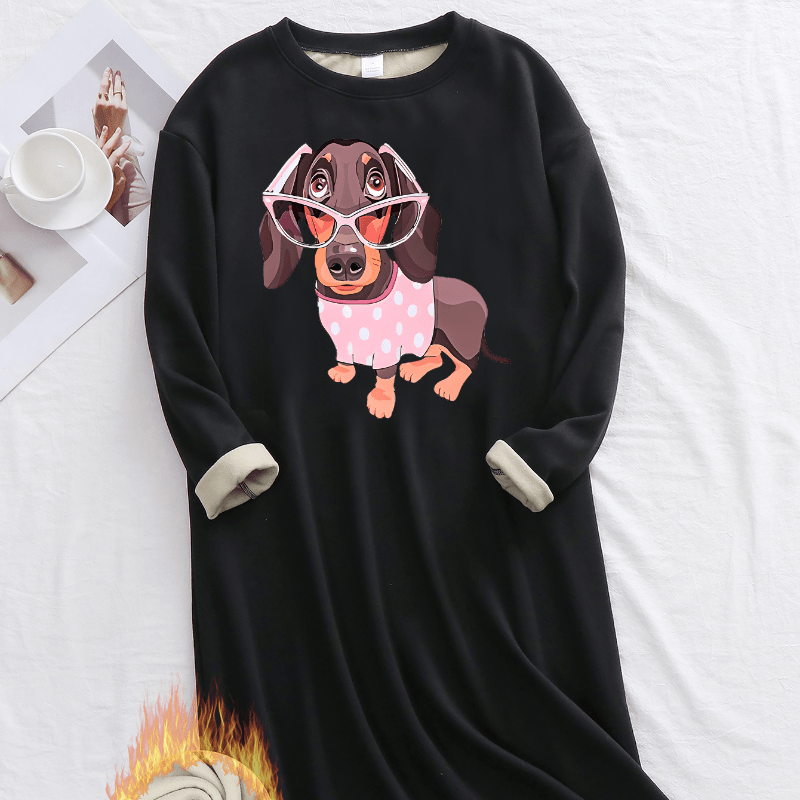 

Cozy Dachshund Print Long Sleeve Nightgown For Women - Round Neck, Stretchy Polyester , Machine Washable - Fall/winter