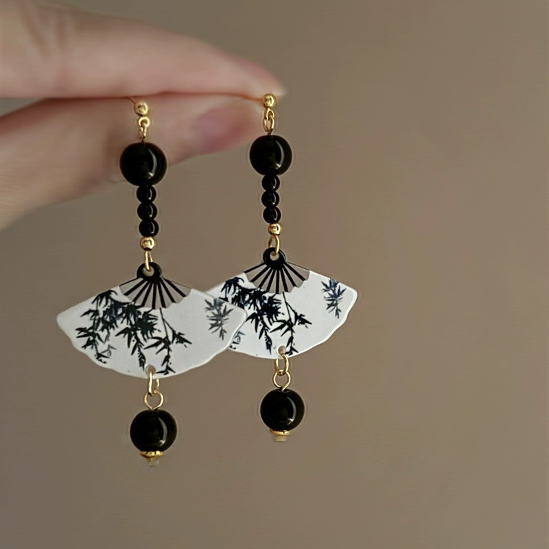 

1 Pair Ink Painting Fan Resin Stud Earrings New Chinese Retro Long Earrings Fashion Personality Wild Earrings