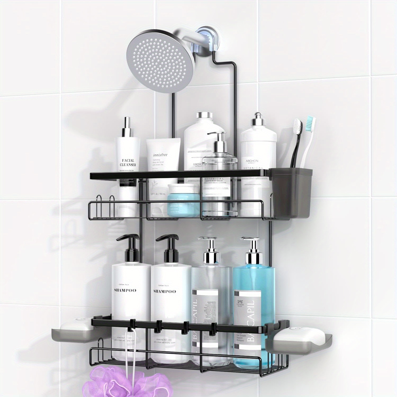 

Shower Caddy Hanging Bathroom Organizer: Rustproof Shower Shelf For Inside Shower - No Drilling Shower Racks Over Showerhead - Bath Shower Shelves Rack For Shampoo Soap Black