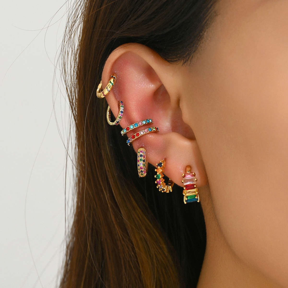 

7 Pcs/set New Copper Plated Gold Earrings Design Inlaid Temperament Ear Light Luxury Earrings