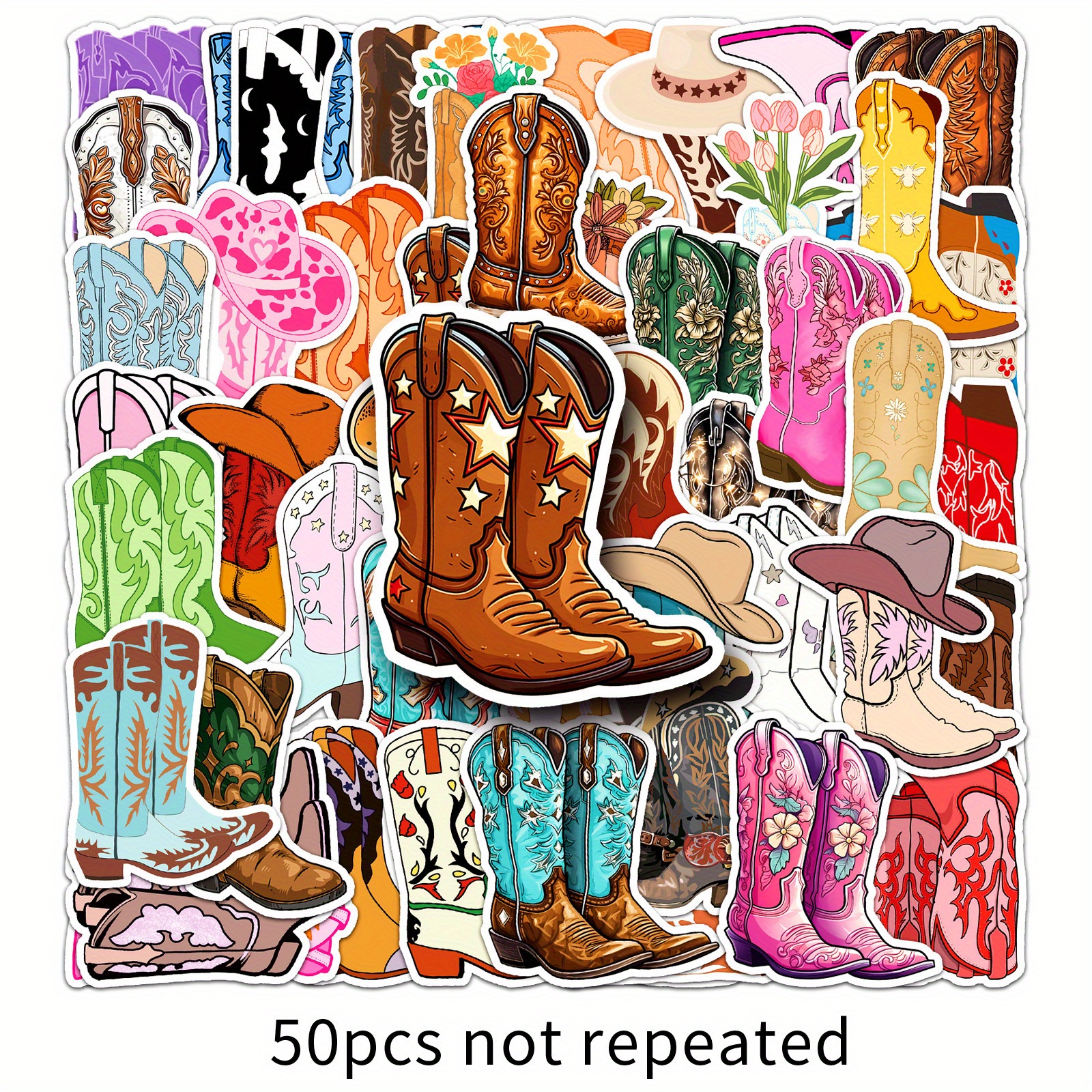 50pcs Cowboy Boots Cute Aesthetics Stickers | Doodle Cartoon Art, Cool Decals Pack For Halloween Christmas Decoration, Suitable For Suitcase, Bottle, Laptop, Skateboard, Luggage, Party Gift