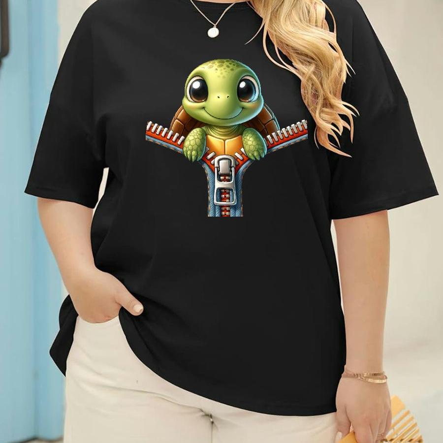 

Plus Size Casual Crew Neck T-shirt With Turtle Astronaut Graphic, Polyester Knit With Slight Stretch, Spring/summer Geometric Pattern Tee, Breathable Polyester-elastane Blend Top For Daily Wear