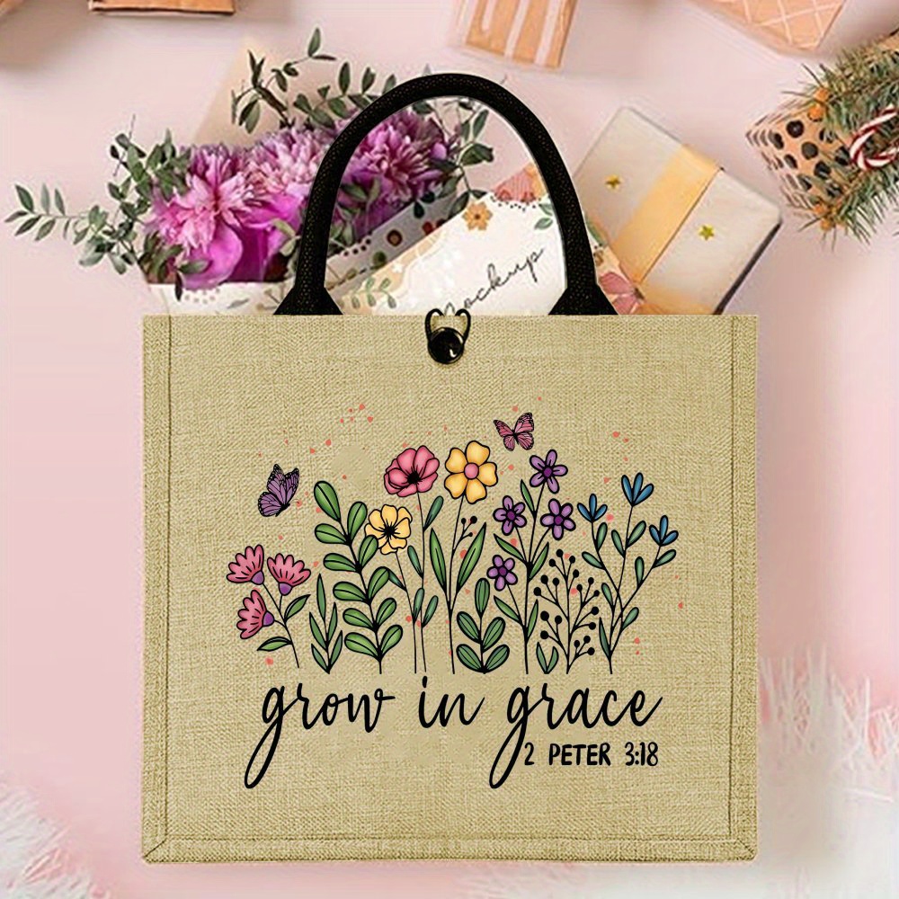 TEMU Art Christian Tote Bag, A Stylish And Durable Jute Handbag With Floral Designs, Outdoor Activities Like Picnics, Parties, Travel, And Shopping