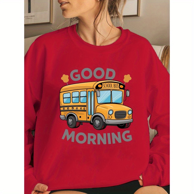 

School Bus Print Pullover Sweatshirt, Casual Long Sleeve Crew Neck Sweatshirt For Fall & Winter, Women's Clothing