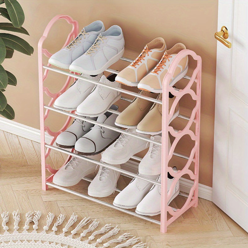 4-tier metal shoe rack organizer, white hexagonal design, space-saving floor standing storage for entryway or hallway, easy assembly details 2