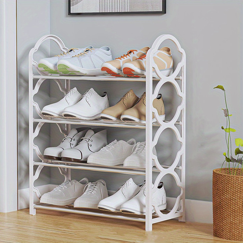 4-tier metal shoe rack organizer, white hexagonal design, space-saving floor standing storage for entryway or hallway, easy assembly details 3