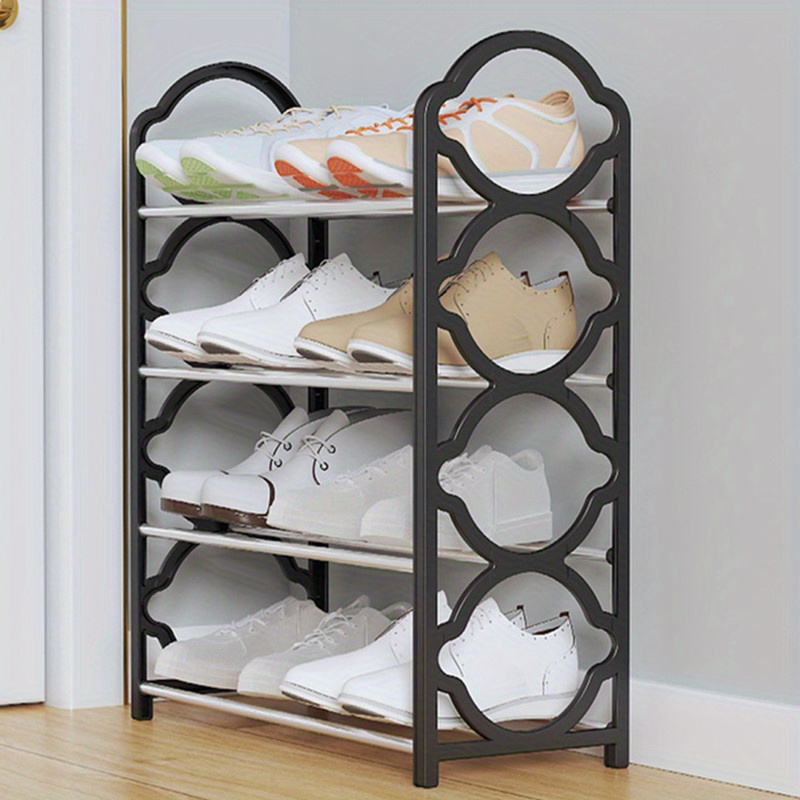 4-tier metal shoe rack organizer, white hexagonal design, space-saving floor standing storage for entryway or hallway, easy assembly details 4