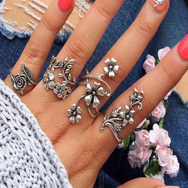 

4pcs/ Set Vintage Forest Style Vines Leaves Flowers Design Joint Ring Set