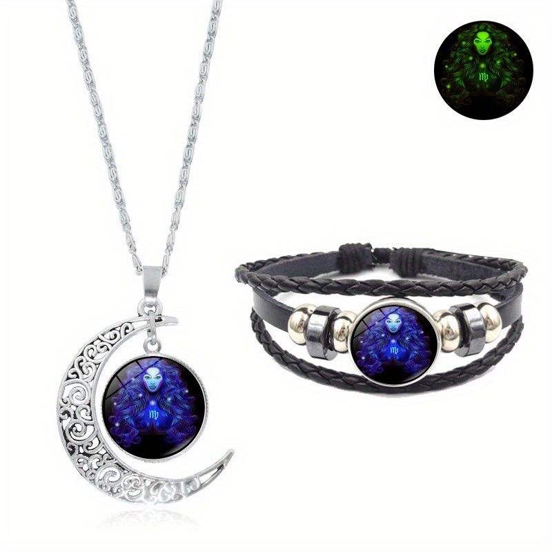 

1pc, Luminous Twelve Zodiac Necklace Set, Hollow Moon Pendant, Leather Bracelet Accessory Set