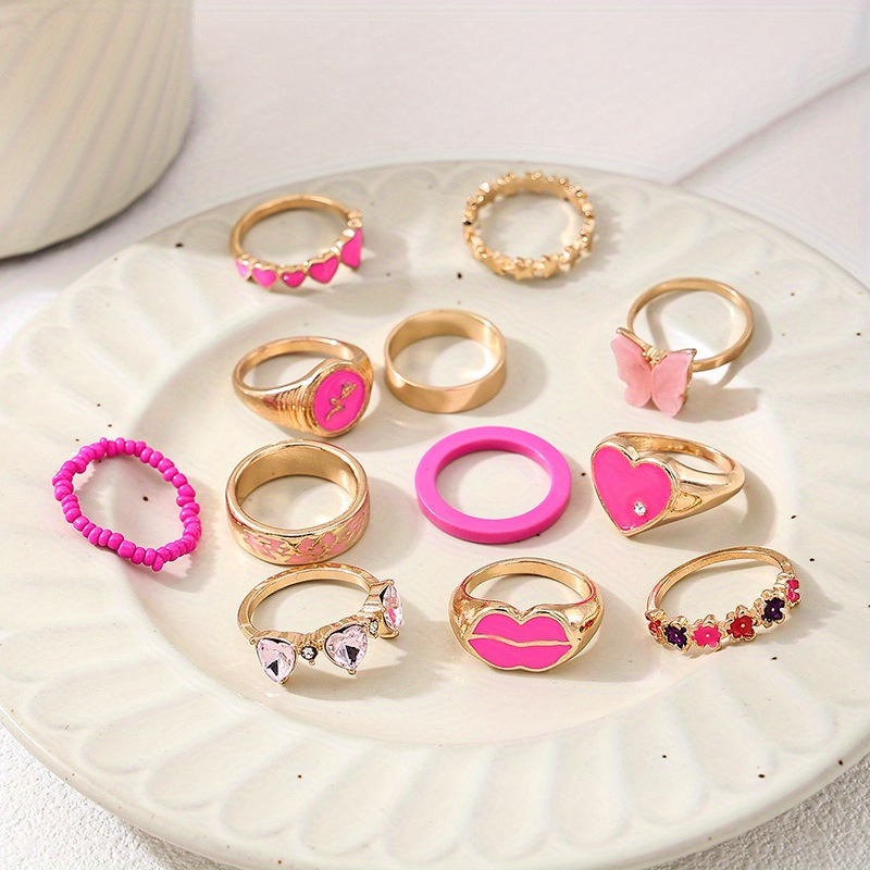 

12 Pc Sweet Cute Metal Color Dopamine Love Butterfly Flower Ring Suit